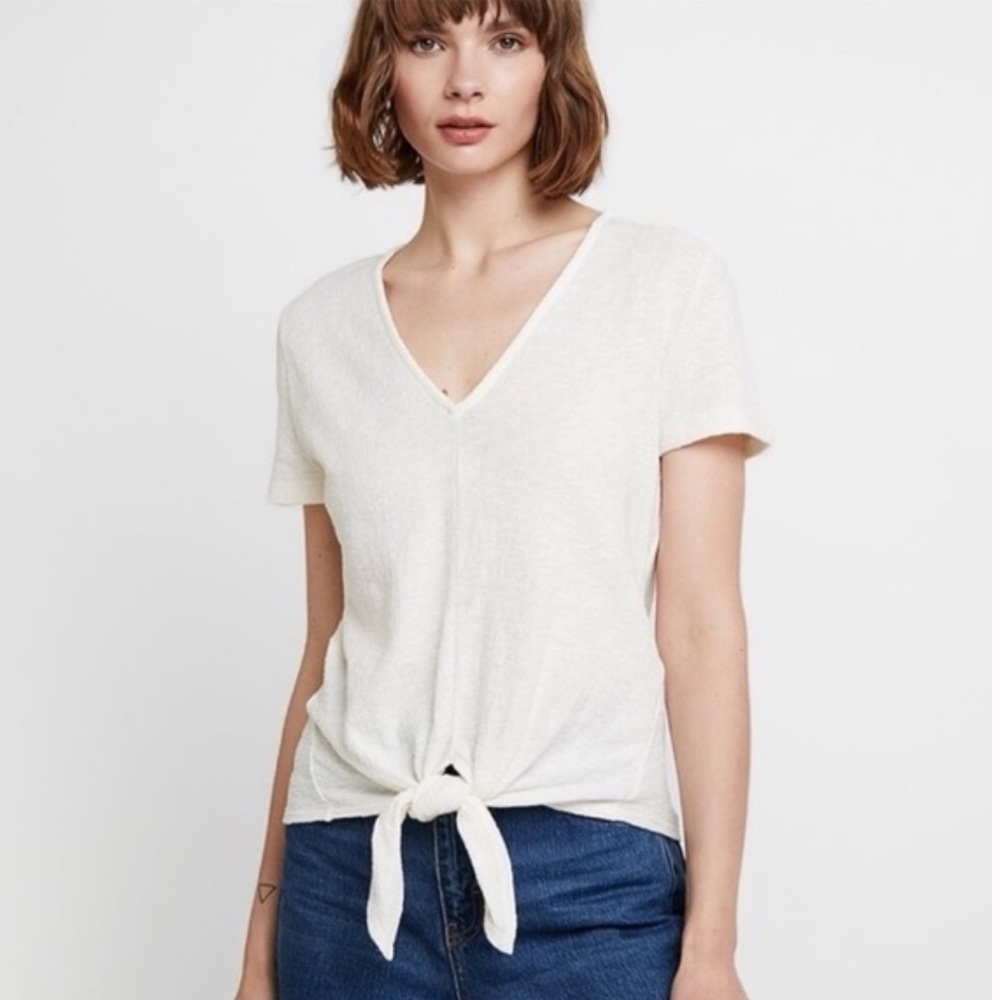 Madewell Texture & Thread Cream Front Tie Short Sleeve V Neck Knit Top, XXS, NWT